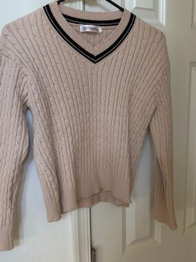 OrderPlus Women's Blush Cable-Knit V-Neck Sweater with Contrast Trim